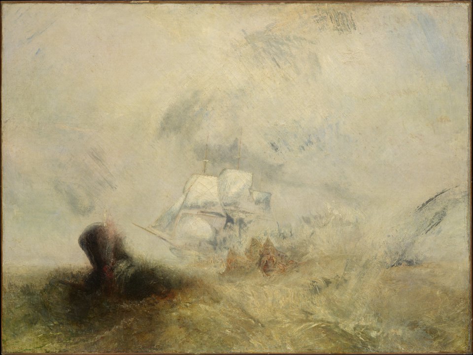 A steamship emerging through pale fog and rough water