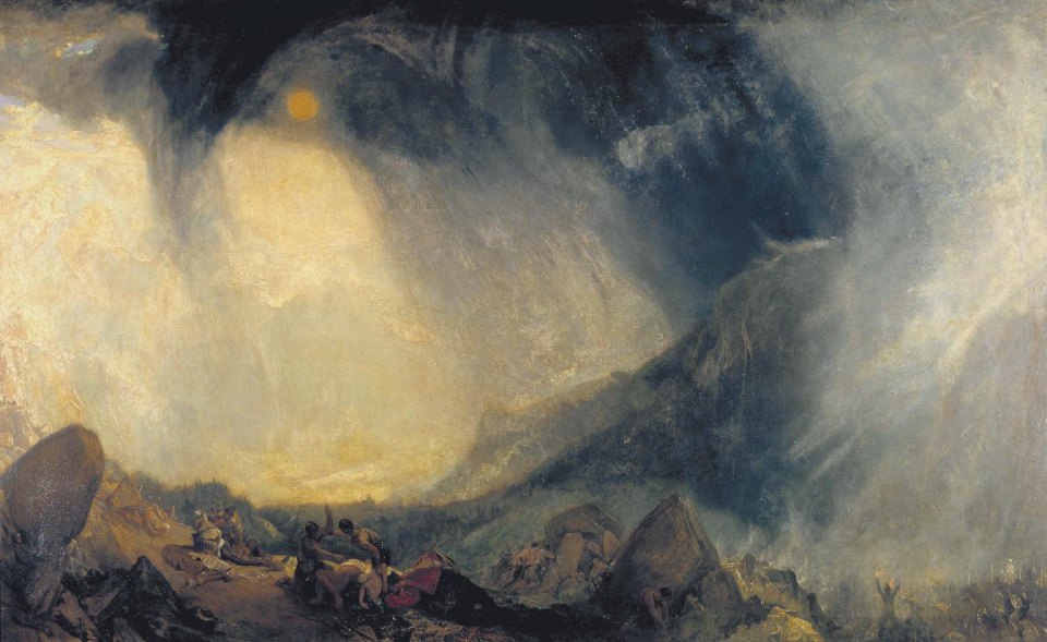 A luminous alpine storm sweeping over an army beneath a dark curved sky